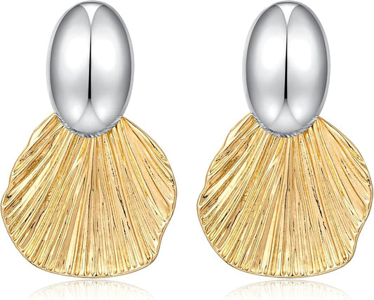 Gold Plated Earrings Dangle Chunky Fan-shaped Earrings Shell Earring for Women Two-Tone Fashion Statement Jewelry