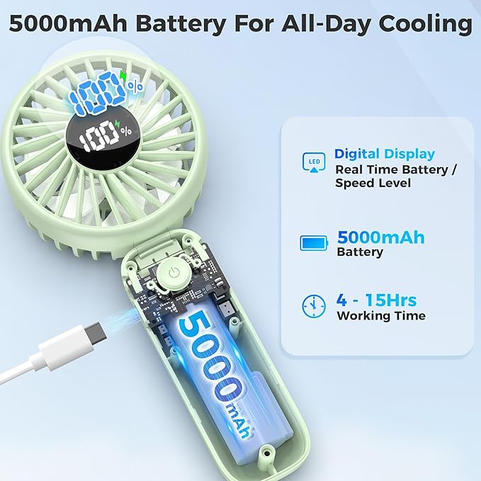 Portable Handheld Fan, 5000mAh Rechargeable Battery, Max 15H Cooling, 4 Speeds, LED Display, Foldable Design, 3-IN-1 Personal Pocket Fan with lanyard for Travel Outdoors Makeup Concert Commute