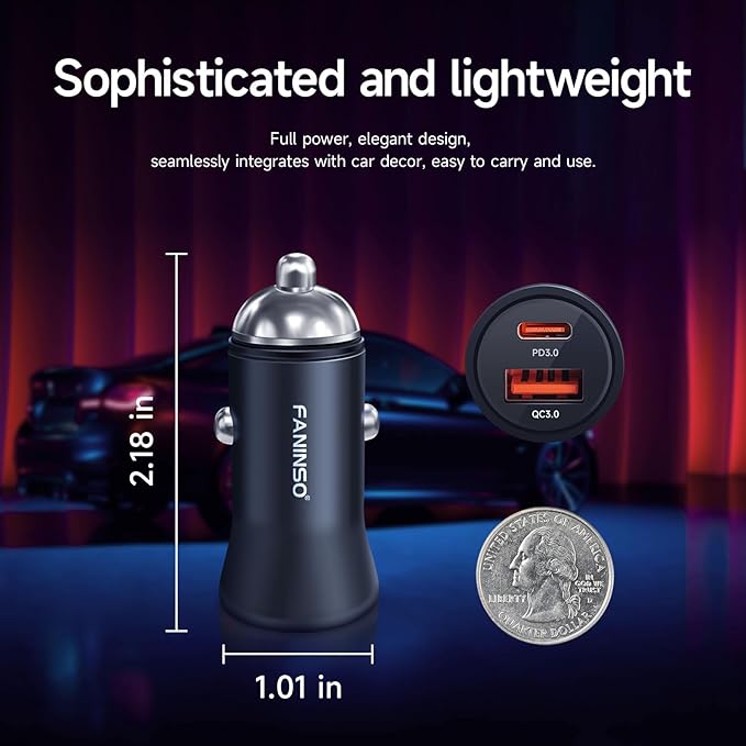60W Car Charger USB C Fast Charge, Aluminum Dual Port Cigarette Lighter Adapter, Car Phone Charger for iPhone 16/15/14 Pro Max Plus, iPad, Samsung Galaxy S24/S23/S22 & More
