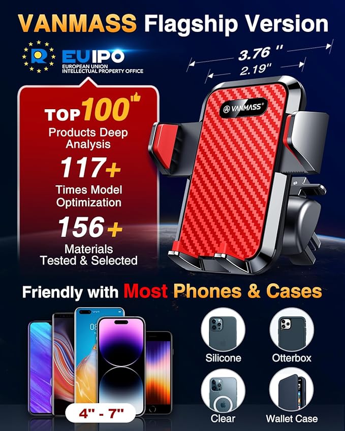 VANMASS [2024 Upgrade Phone Holders for Your Car [Super Suction Cup] Cell Phone Mount Car Dashboard Window Vent Desk Fit for iPhone 15 Pro Max 14 13 Universal Handsfree Automobile Vehicle Cradle，Red