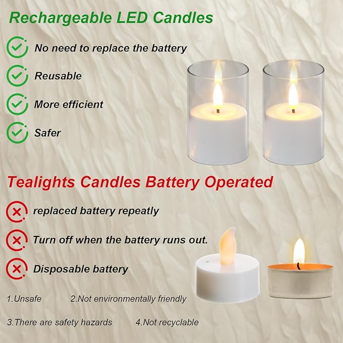 GenSwin Rechargeable Votive Candles Battery Operated, 6 Pack LED Candles with Charging Base, Acrylic Shell Tea Lights with 6H Timer for Halloween Decorations(Clear)