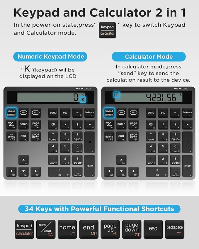 Rechargeable Wireless Number Pad for Laptop, 34 Keys Numeric Keypad with Dual Bluetooth & Display, 2-in-1 Numpad and Calculator, Slim Portable Number Pad Keyboard for Windows, Mac, PC, Tablet