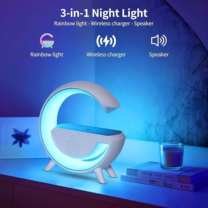 Table Lamp with Bluetooth Speaker, G Bedside Lamp with 15W Wireless Charger, Atmosphere Desk Lamp with Alarm Clock, RGB Bedside Nightstand Lamp, Hi-Fi Sound, Time Display