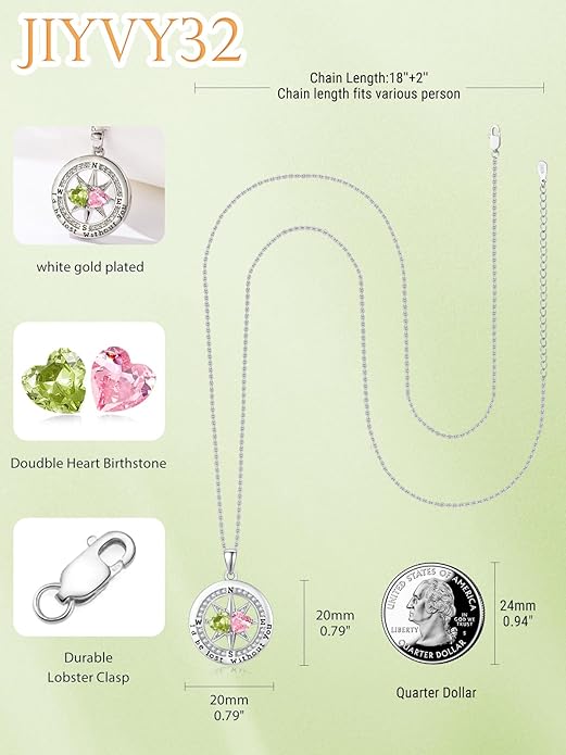 Compass Necklace for Women, Exquisite S925 Valentines Day Anniversary Birthday Gifts for Wife Her Double Birthstone Pendant Jewelry ‘I'd be Lost Without You’