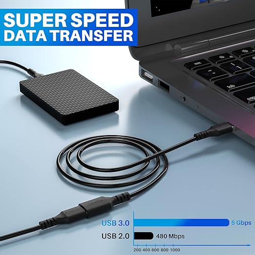 3 Pack USB 3.0 Extension Cable 2 FT, Short USB A Male to Female Extender Cord, 5Gbps Data Transfer for Webcam, Printer, Keyboard, Flash Drive, Hard Drive, Controller, Black Cable with 5 Cable Ties