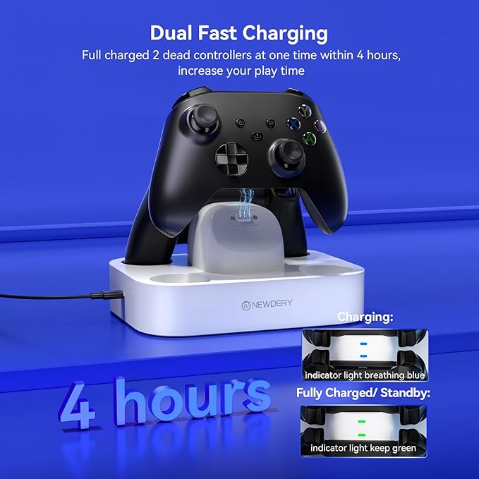 NEWDERY Controller Charger Station for Xbox, 2x5280mWh Rechargeable Battery Packs for Xbox One/Series X|S Controller, Dual Charging Dock for Xbox Controller with 4 Battery Covers-White