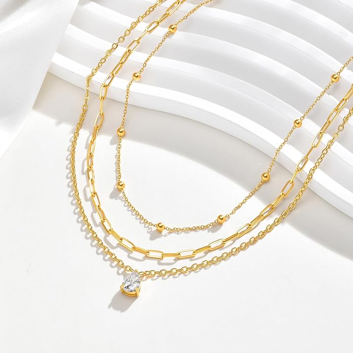 KSF Layered Gold Necklaces for Women - 18K Gold Plated 3PCS Dainty Simple Stackable Choker Necklace, Cubic Zirconia Pendant Necklace Trendy Jewelry Gift Set for Women
