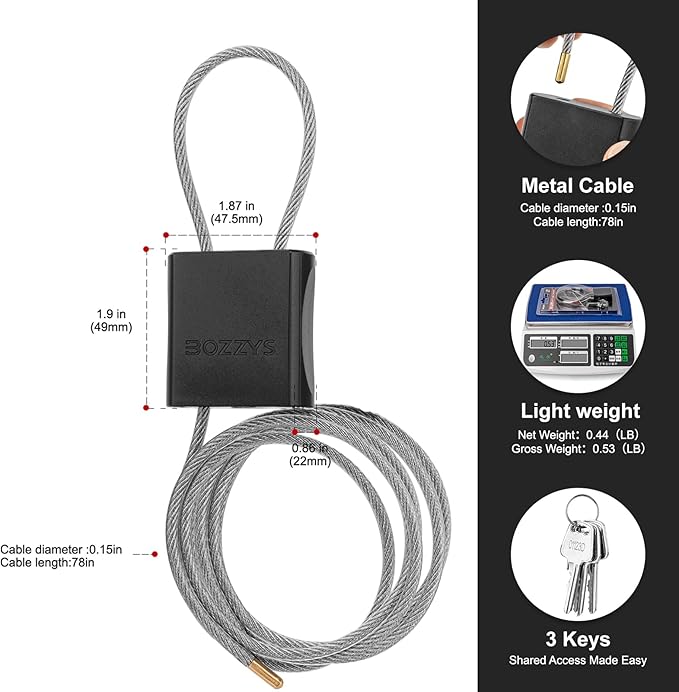 Cable Lock with 3 Keys | L 6.56ft(2m),D 1/6in(4mm) Adjustable Steel Cable Padlock | Aluminum Locks for Bikes, Gate, Lockers & Outdoor Gear | Weatherproof & Black
