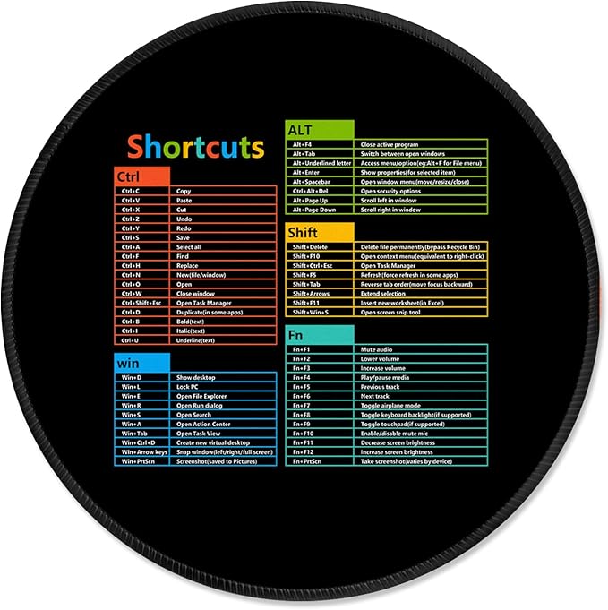 ITNRSIIET Mouse Pad Non-Slip Rubber Base Smooth Surface Stitched Edges Waterproof Durable Compatible with All Mice for Office & Gaming, Desk Accessory, Diameter 8.7 inch, WinShortcuts