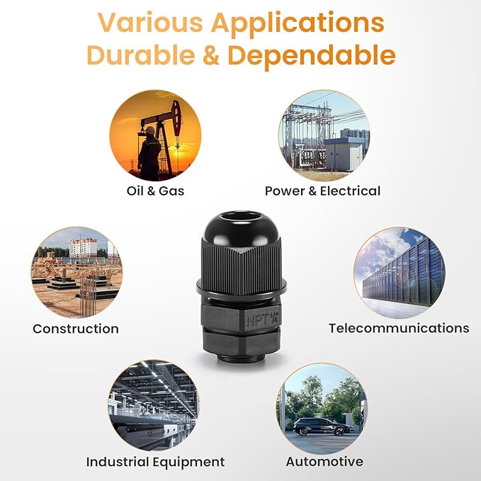 QILIPSU 50pcs 1/4" NPT Cable Gland Waterproof IP68 Nylon Cable Pass Through Cord Grip Connector Strain Relief Wire Grommet