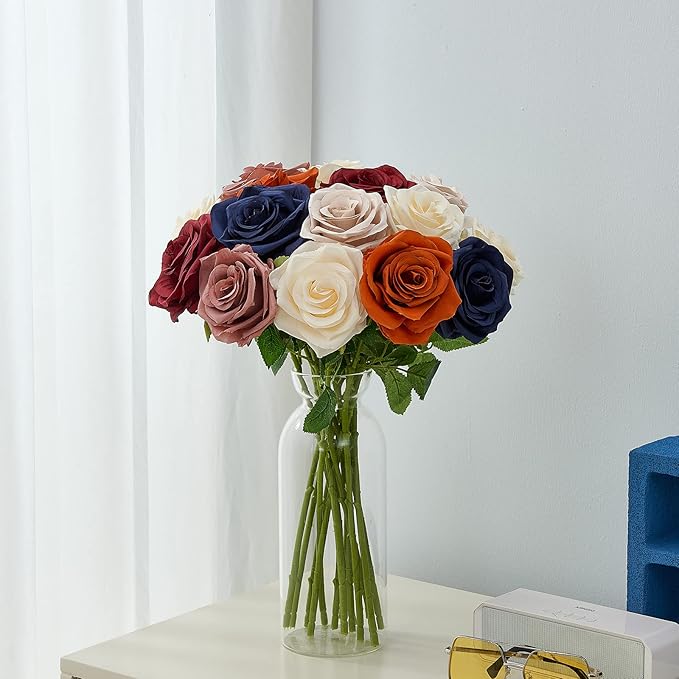 15pcs Fake Roses Artificial Silk Flowers Nude Faux Rose Flower Long Stems Bouquet for Arrangement Wedding Centerpiece Party Home Kitchen Decor (VASE is NOT INVLUDED)
