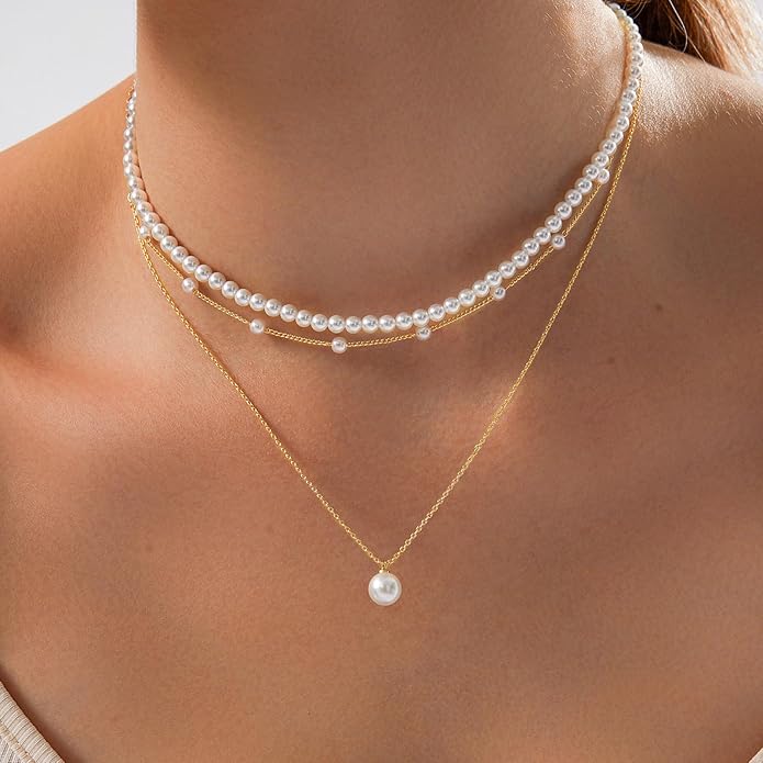 OGD Gold Pearl Necklaces Set for Women 14K Gold Plated Dainty Layered Pearl Cute Daisy Pearl Choker Gold Necklace Gifts for Women Gold Trendy Jewelry Gifts