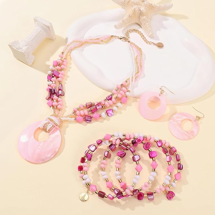 Jewelry Sets for Women 4 Pcs Chunky Beaded Mrs Roper Costume Jewelry for Women Boho Multi Strand Colorful Shell Necklace for Women