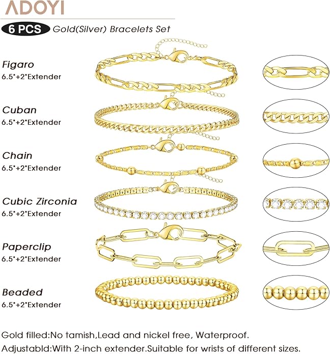 adoyi Valentines Day Gifts for Her Gold Bracelets for Women, 14K Gold Plated Stackable Bracelet Stack Set Adjustable Charm Paperclip Chain Cuban Link Layered Waterproof Jewelry Sets Gifts for Womens