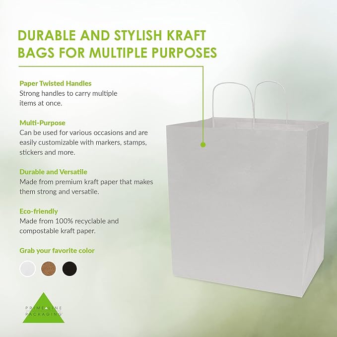 Prime Line Packaging White Gift Bags, Kraft Paper Bags Large with Handles for Small Business, Boutiques, Merchandise, Party Favors, Bulk, 14x10x16.5, 50 Pack
