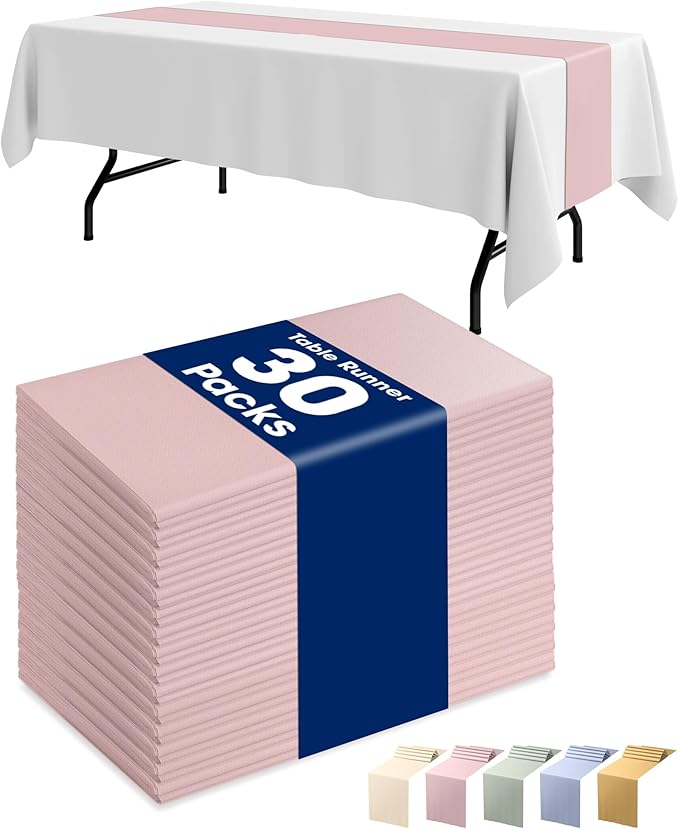 Pureegg Dusty Pink Plastic Table Runners - 30 Pack, 14'' x 108'', Water Resistant & Disposable Centerpiece Decorations for Table Cloth, Wedding, Birthday, Holiday, Baby Shower, Party, Home Decor