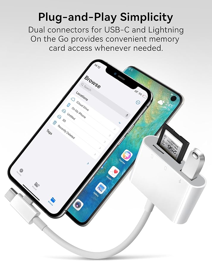 SD Card Reader for iPhone, SD Card Adapter with Lightening & USB C Dual Connectors Plug&Play Supports microSD, SD and USB-A OTG, Portable Trail Camera Memory Reader for iPhone Mac MacBook iPad