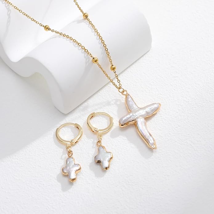Nature Freshwater Pearl Cross Necklace Earring for Women, Gold Big Cross Pearl Necklace,Baroque Earrings (Gold)
