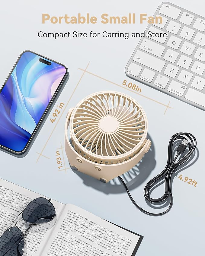 USB Desk Fan, 5 Inch Mini Portable, 3 Speeds Strong Airflow Personal Desktop, Detachable Cooling Fan 360° Rotation Quiet Small Fan for Desk Home Office Travel Car, Beige, 5ft Cable