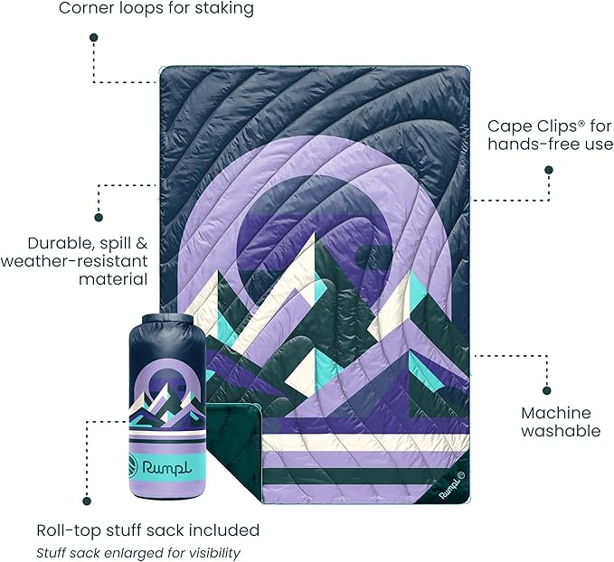Rumpl Original Puffy Blanket - Warm, Water-Resistant Camping Blanket with 100% Recycled Synthetic Insulation, 52"x75", Original Puffy V2, Lavender Peak Eclipse