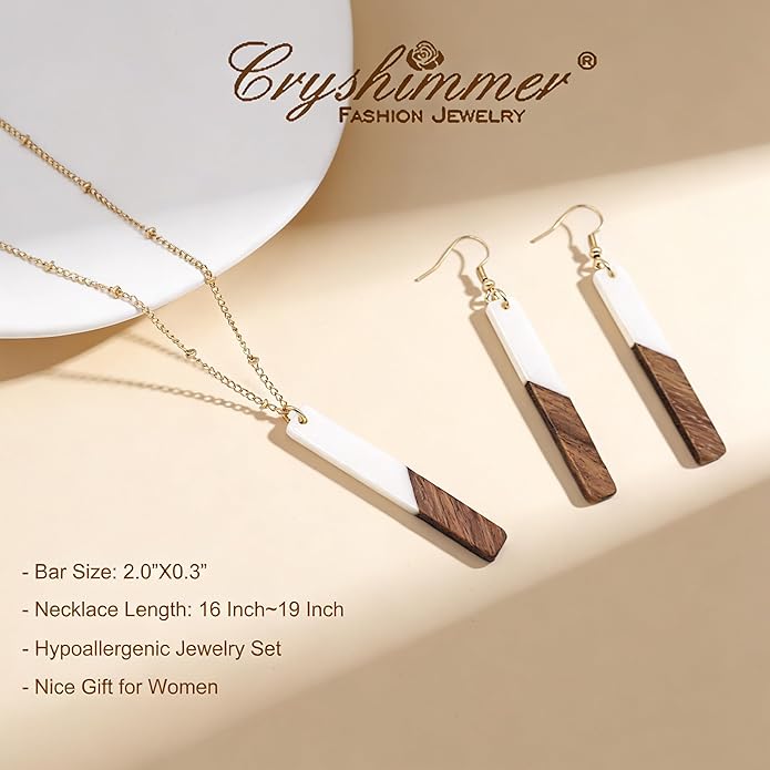 Bar Necklace Earrings for Women 16K Gold Plated Trendy Geometric Jewelry Set Boho Lightweight Wooden Resin Bar Pendant Necklace Dangle Earring Set,Gift for Her,Mom,Wife