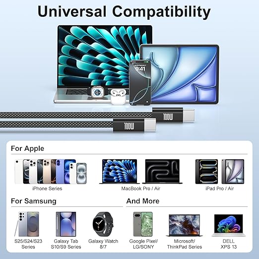 USB C to USB C Cable (3FT, 4Pack), 5A Fast Charging Nylon Braided USB-C to USB-C Phone Charger Type C Cable for iPhone Air 17 16 15 Pro Max,Samsung S25/S24 Ultra,MacBook Pro/Air,iPad,Pixel,PS5,Switch