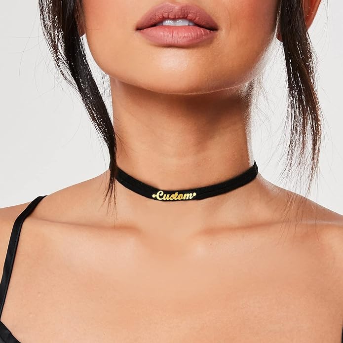 Custom4U Personalized Black Leather Choker Necklace with Picture/Name/Initials/Letters Charm,Custom Made Adjustable Choker Collar Gothic Punk Necklaces Jewelry Gifts for Women
