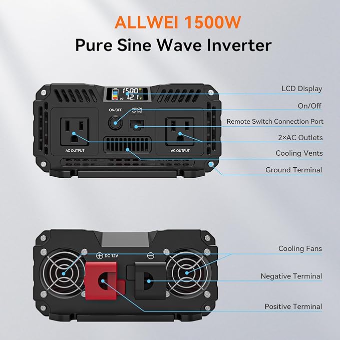 ALLWEI 1500W Pure Sine Wave Inverter 12V DC to 110V/120V AC Converter, Surge 3000W | Power Inverters Vehicles with 2 AC Outlets, RV Truck Boat Home Outdoor & Off-Grid Solar Inverter, Smart LCD Display