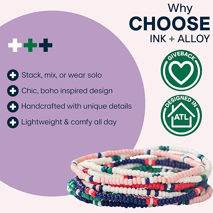INK + ALLOY 10-Strand Stacking Beaded Bracelets for Women – Mixed Patterns Bracelet Stack - Adjustable Stretch Fit - Handmade Boho Bracelets for Women - Perfect for Any Occasion
