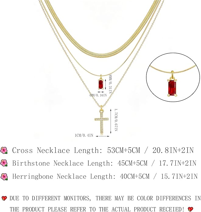 3Pcs Gold Layered Necklaces for Women, 14K Gold Plated Cross Necklace, Dainty Birthstone Necklace for Women, Herringbone Gold Necklaces Set, Stackable Women's Gold Pendant Necklaces Jewelry Set