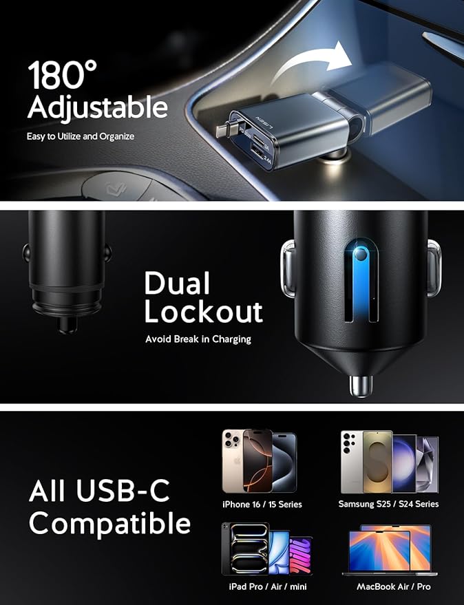 LISEN iPhone 16/15 Car Charger USB C Fast Charging Retractable,【60% Less Space,Mini】 57W Fast iPhone 16/15 USBC Type C Charger for 17 iPhone 16 15 Pro Max Plus，Samsung Galaxy S25/24 Z，Android
