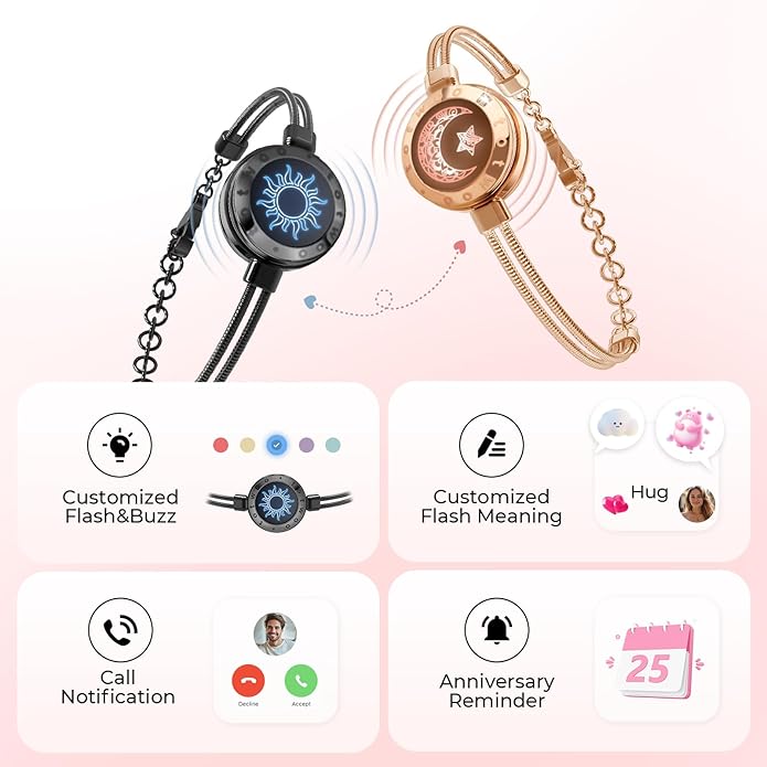 TOTWOO Long Distance Touch Bracelets for Couples, Smart Light & Vibration Love Jewelry, Long Distance Valentines Day Gifts for Him Her Women Men, One-to-One Bluetooth Pairing via App