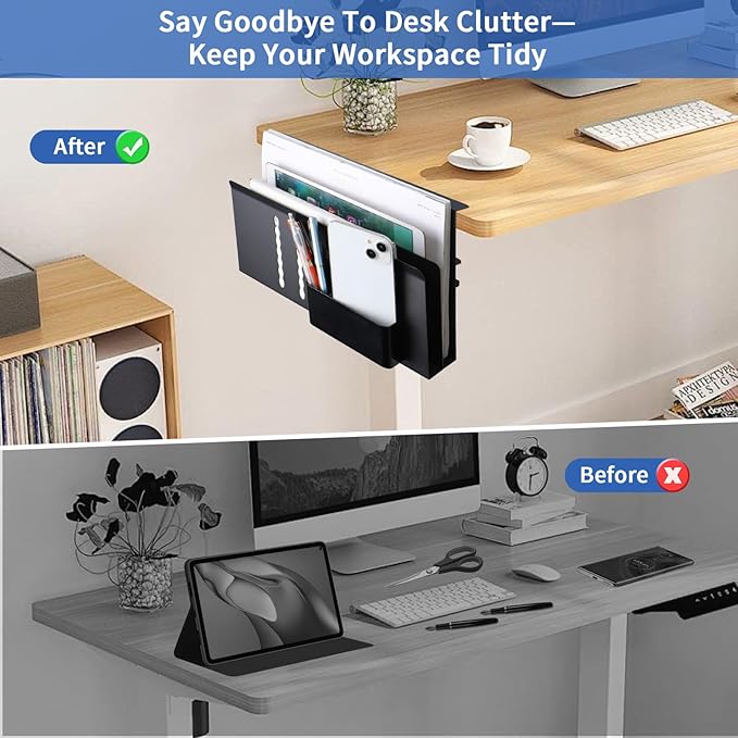 LUKETURE Laptop Holder, Steel Desk Side Storage, No Drill Standing Desk Accessories, Clamp on Laptop Mount with Pen Holder, Fits Flat Edge Tables 0.3" to 2.8" (Black, L(2 Tier))
