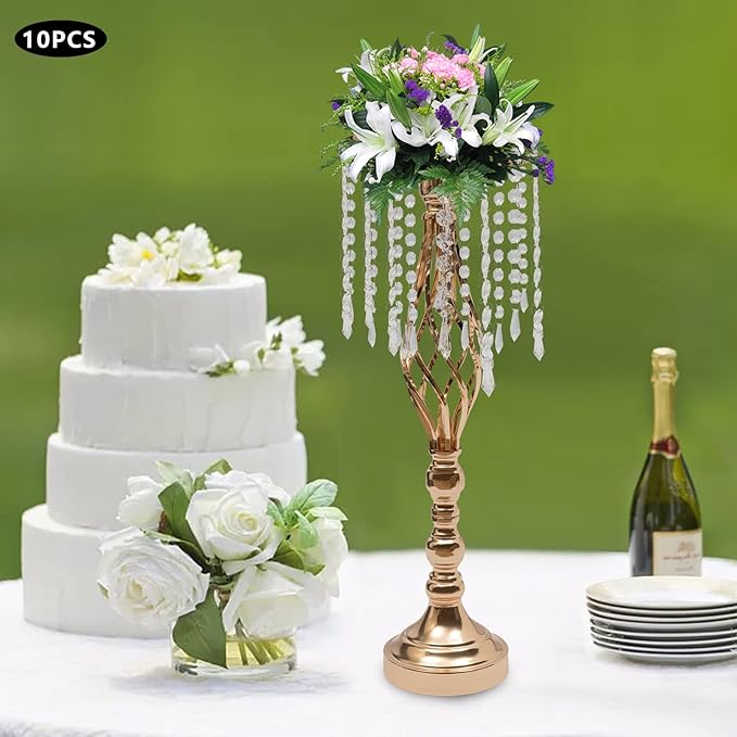 Wedding Centerpieces Gold Vases,10PCS Metal Flower Candle Holder with Sparkling Crystal Beads,Crystal Flower Vase Metal Flowers Stand for Party Tables Decorations (10PCS-Gold-14cm)