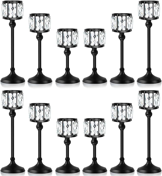 Set of 3 Cup Crystal Tealight Candle Holders, Centerpieces for Table Wedding Centerpieces Crystal Decorative Tealight Candle Dining Table Candle Holder Decor for Party (Set of 12 (3 Sizes), Black)