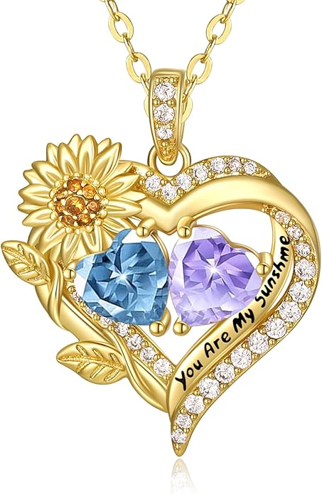 Sunflower Heart Necklace for Women 14K Gold Exquisite Valentines Day Anniversary Birthday Gifts for Wife Mother Her Double Birthstone Pendant Jewelry‘You Are My Sunshine’
