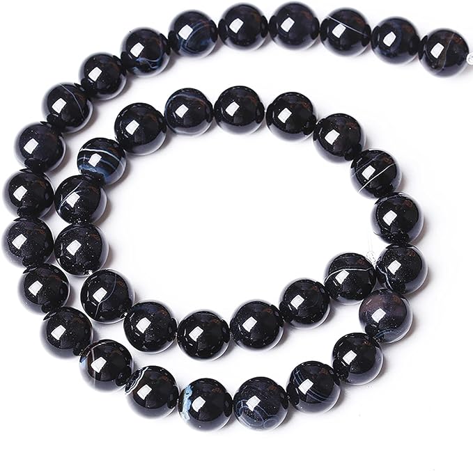 45PCS 8mm Natural Black Striped Agate Beads Gemstone Round Loose Beads for Jewelry Making DIY Bracelet Necklace 15" Inch