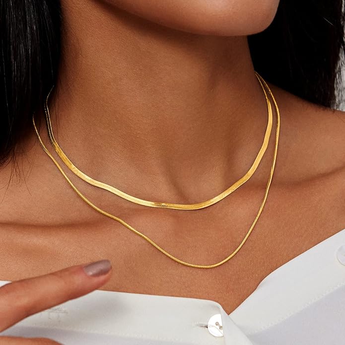 Necklaces for Women,Gold Plated Herringbone Layering Choker Necklace for Women Non Tarnish Stack Waterproof Jewelry Gift