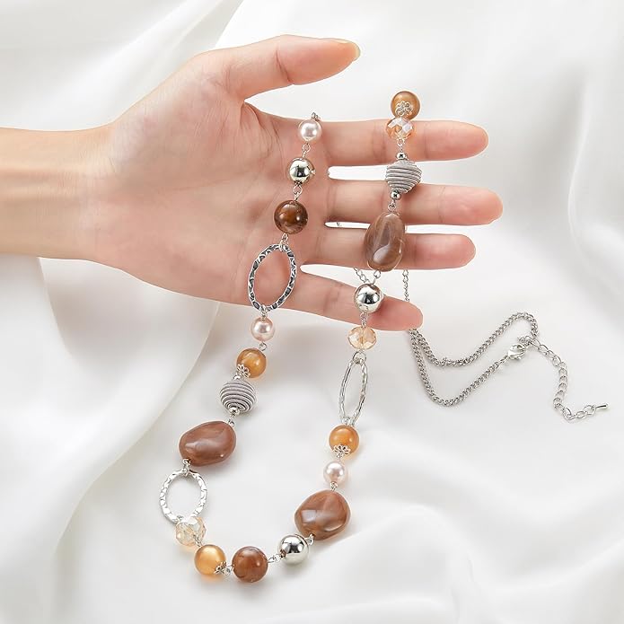 BULINLIN Beaded Long Necklace for Women Silver Sweater Chain Necklace with Crystal Resin Beads, Fashion Jewelry Necklace