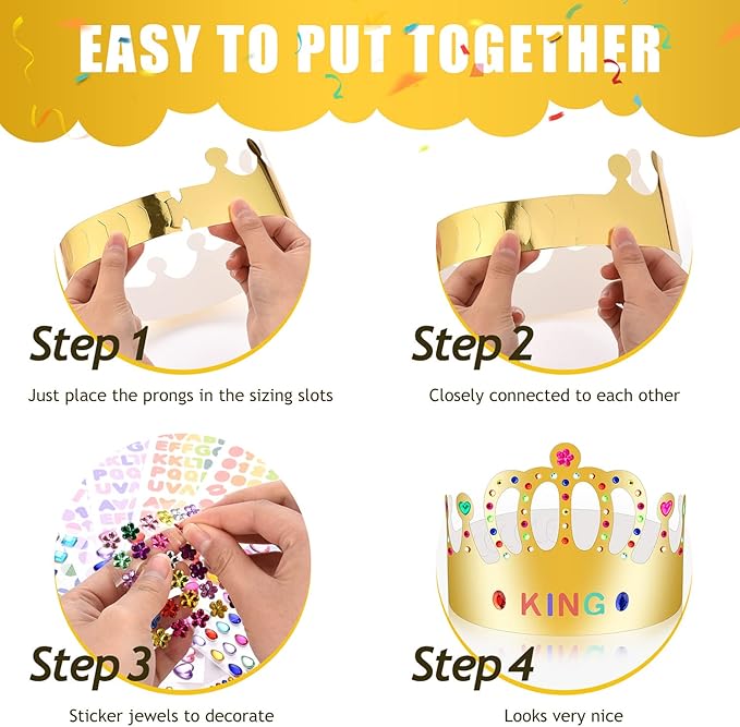 Gold Paper Crowns, Diy Birthday King Crowns Craft to Decorate, Paper Prince Princess Crown Hats for School Classroom