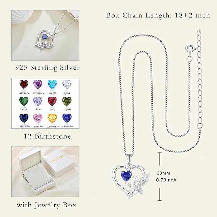 Guardian Angel Necklace 925 Sterling Silver Heart Angel Wings Pendant Birthstone Jewelry for Women