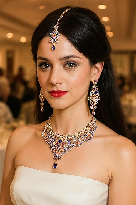 Touchstone Indian jewelry set for women bollywood gold jewellery wedding outfits necklace sets earrings bridal maang tikka fancy costume girls big desi accessories rhinestone in gold or silver tone