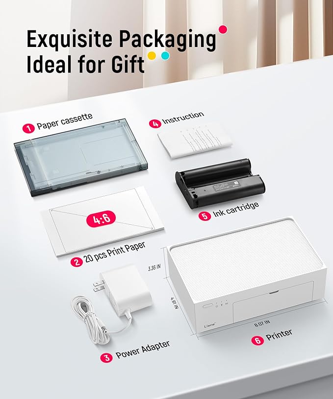 Liene 4x6'' Photo Printer, Wi-Fi Picture Printer, 20 Sheets, Full-Color Photo, Instant Phone Printer for iPhone, Android, Smartphone, Thermal dye Sublimation, Portable Photo Printer for Home Use