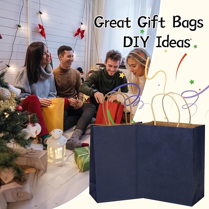 MOZRRO Gift Bags, 100 Pack 10.5x8.5x4.5 Inch, Paper Bags with Handles, Medium Size, Gentleman Blue Gift Bag for Birthday, Wedding, Bulk, Party, Lunch, Goodie