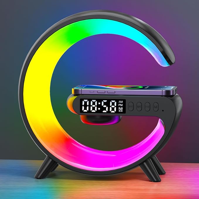 Mini LED Table Lamp with 4-in-1 Wireless Charger, Night Light, Sunrise Alarm Clock, Bluetooth Speaker, Smart Atmosphere Table Lamp for Bedroom, Office, Home Decor (Black)