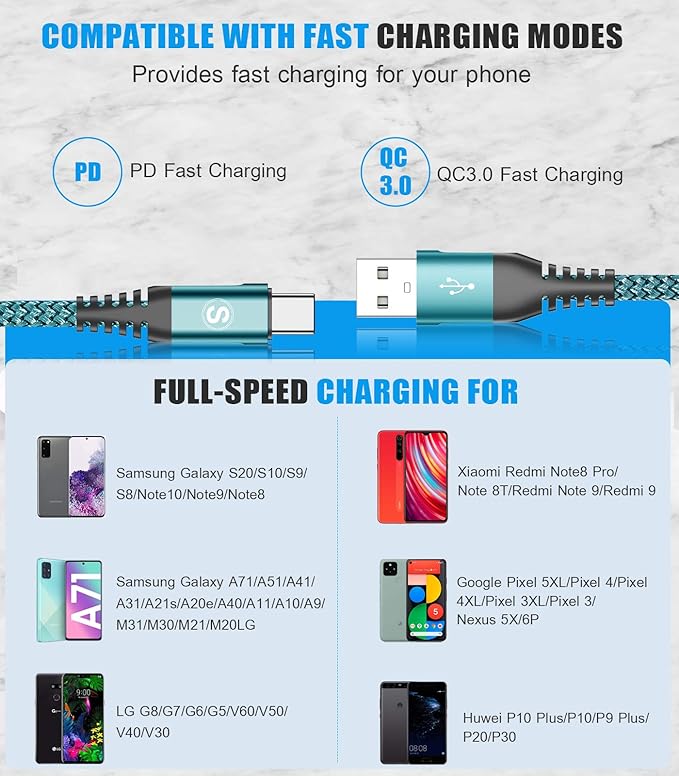 USB C Cable 3.1A Fast Charging [3Pack,10ft+6.6ft+3.3ft], sweguard USB-A to USB-C Charger Nylon Braided Cord for Samsung Galaxy S21 S20 S10 S9 S8 Plus/FE Note 20 10 9 8 7, A71 A51 A32,LG,Moto,PS5-Green