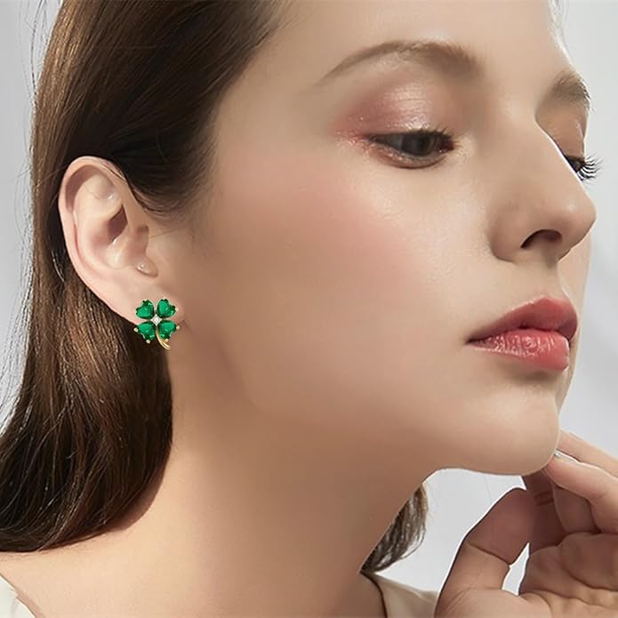 VONSSY Four Leaf Clover Necklace Earrings Shamrock Irish ST Patricks Jewelry Set Gift 18k Gold Plated Green Emerald Zircon Diamond Crystal Lucky Saint Pendant for Woman Wife Girlfriend Mom