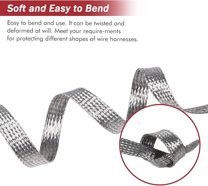 Tinned Copper Metal Braid Sleeving Wire Shielding Sleeve Braided Copper Ground Straps EMI/RFI Interference Expandable Flat Mesh Shielding Cable for Protect Wire (1/2inch-22ft)