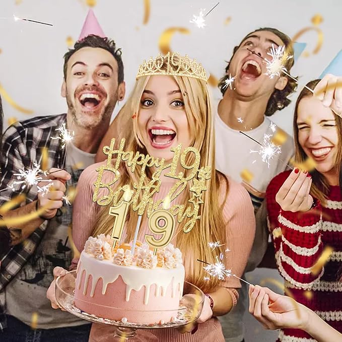 19th Birthday Decorations for Girls Gold with 19th Birthday Tiara and Sash, Cake Topper and Candles, Number Balloons, 19 Year Old Gifts for Girls