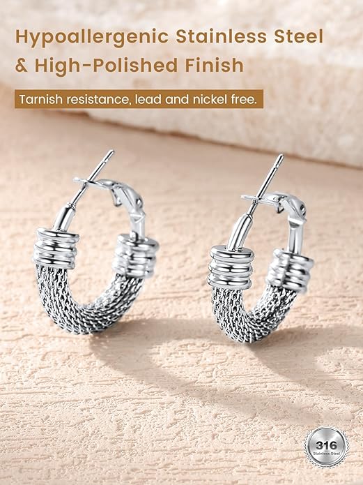 KeyStyle Mesh Hoop Earrings for Women, Stainless Steel Gold Hoops Earring Lightweight Loops, 2MM Thick Hypoallergenic Circle Endless Hollow Hoop 20mm-80mm